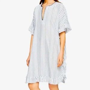 BCBG MAXAZRIA DOVE BLUE WHITE STRIPE RUFFLE EDGE CAFTAN DRESS WOMENS XS/SMALL